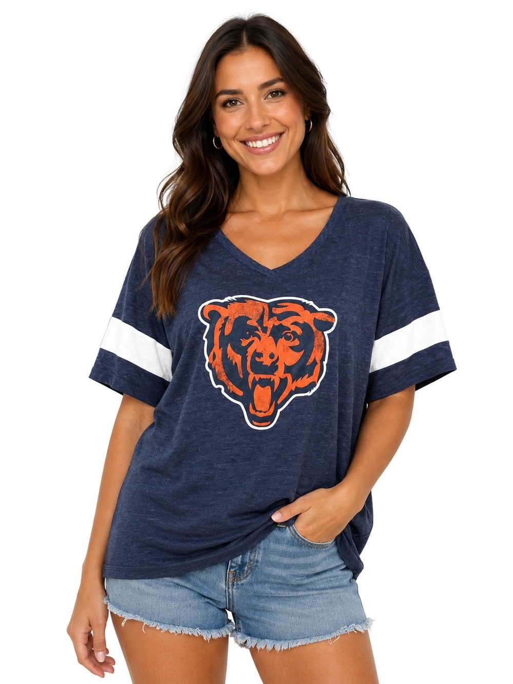 Fabletics Navy V-Neck Chicago Bears Logo Tee with Orange Bear Graphic Women's XL